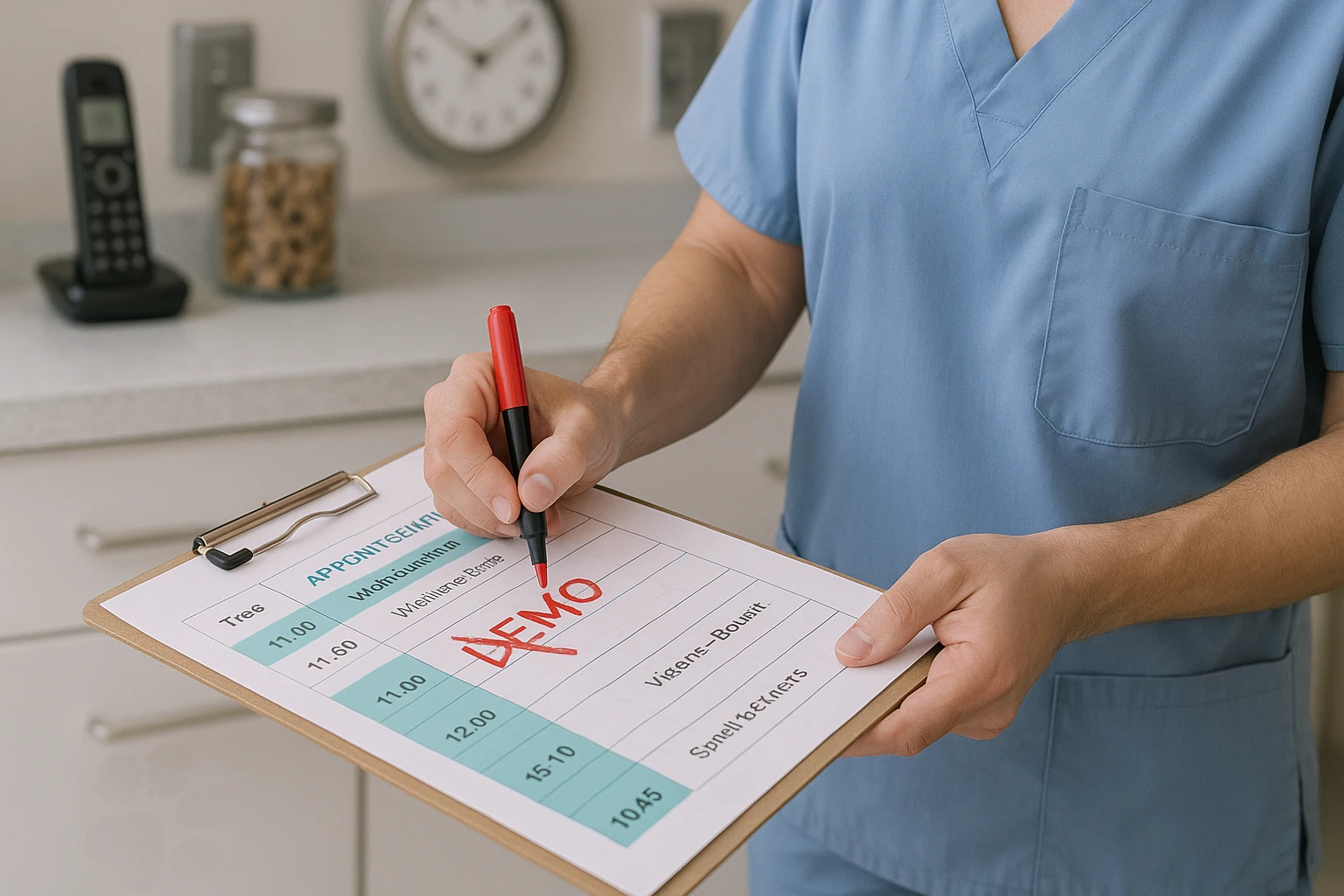 Veterinarian crossing out a time-wasting software demo on the clinic schedule
