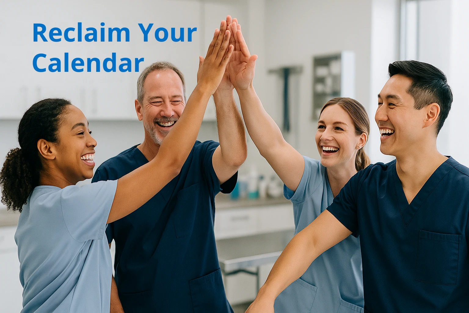Relieved veterinary team high-fiving under the text “Reclaim Your Calendar,” symbolizing time saved with VetSoftwareHub’s 10-Minute Short-List framework