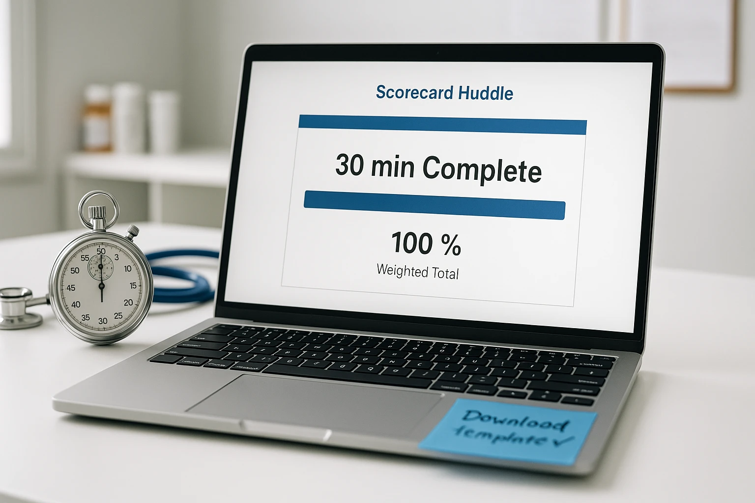 Laptop showing a completed 30-minute progress bar next to a stopwatch and stethoscope, illustrating fast vendor scorecard action steps for veterinary teams