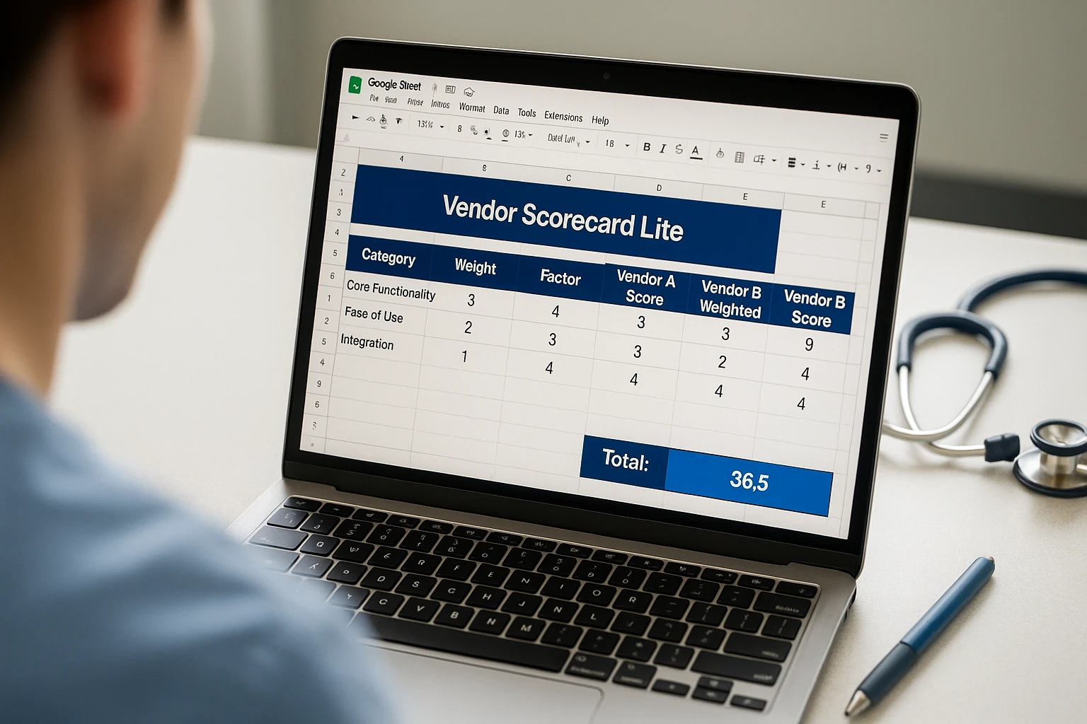 Close-up view of a Google Sheet vendor scorecard with auto-calculating totals on a laptop in a veterinary clinic, illustrating data-driven software comparison