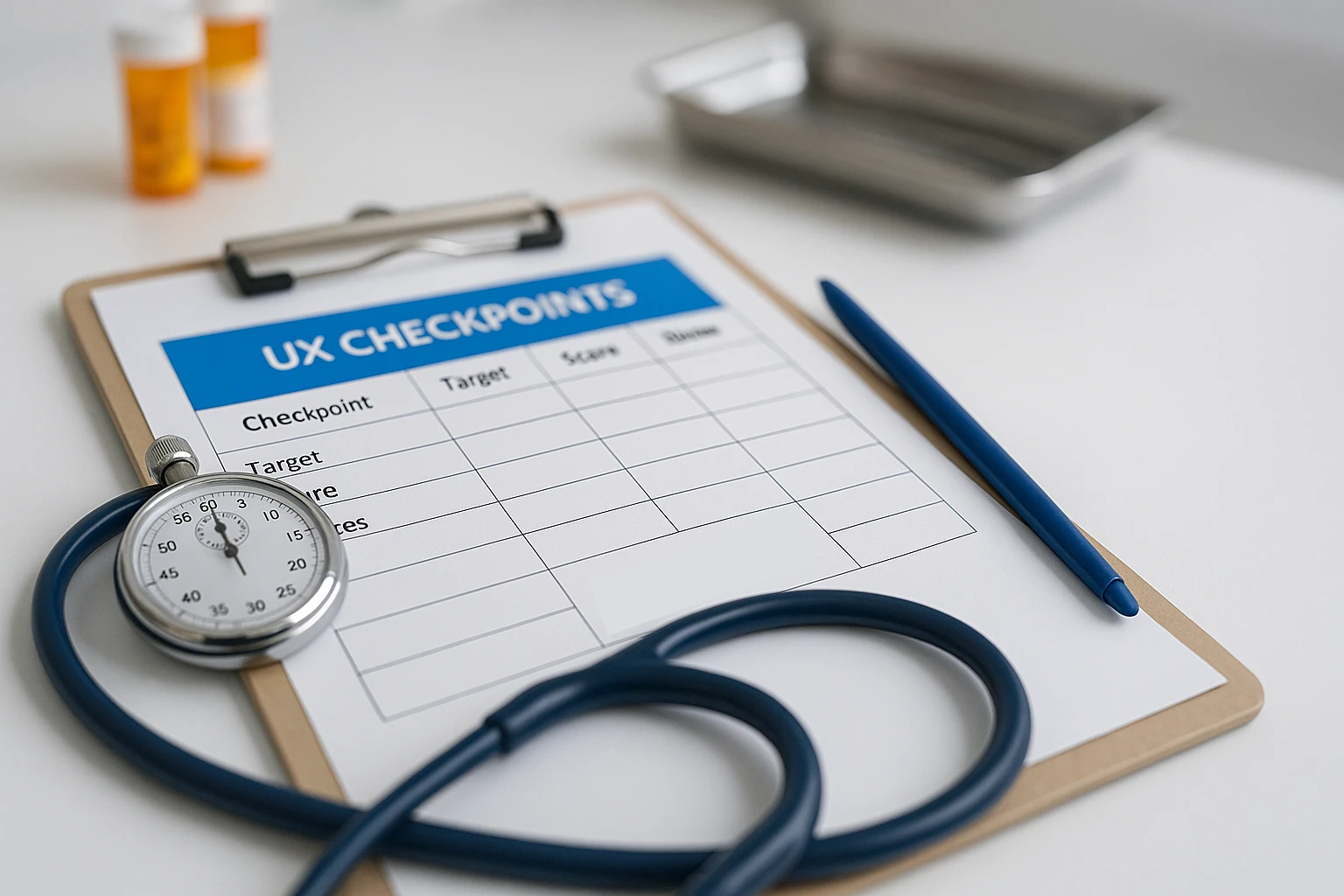Clipboard displaying a printed UX checkpoints checklist with a stethoscope on a veterinary clinic desk, illustrating action steps for software evaluation