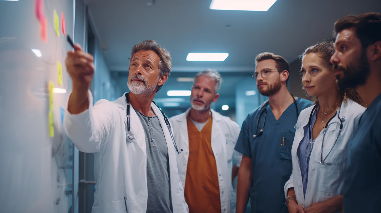 Veterinary team huddle discussing software adoption metrics