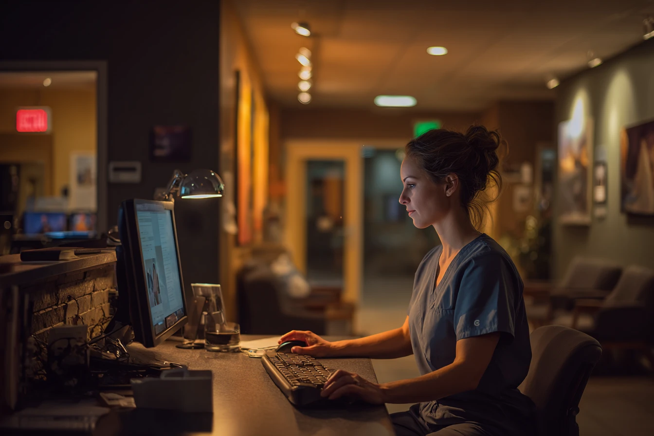 Veterinary staff member managing after-hours client messages using AI-assisted communication software at evening shift