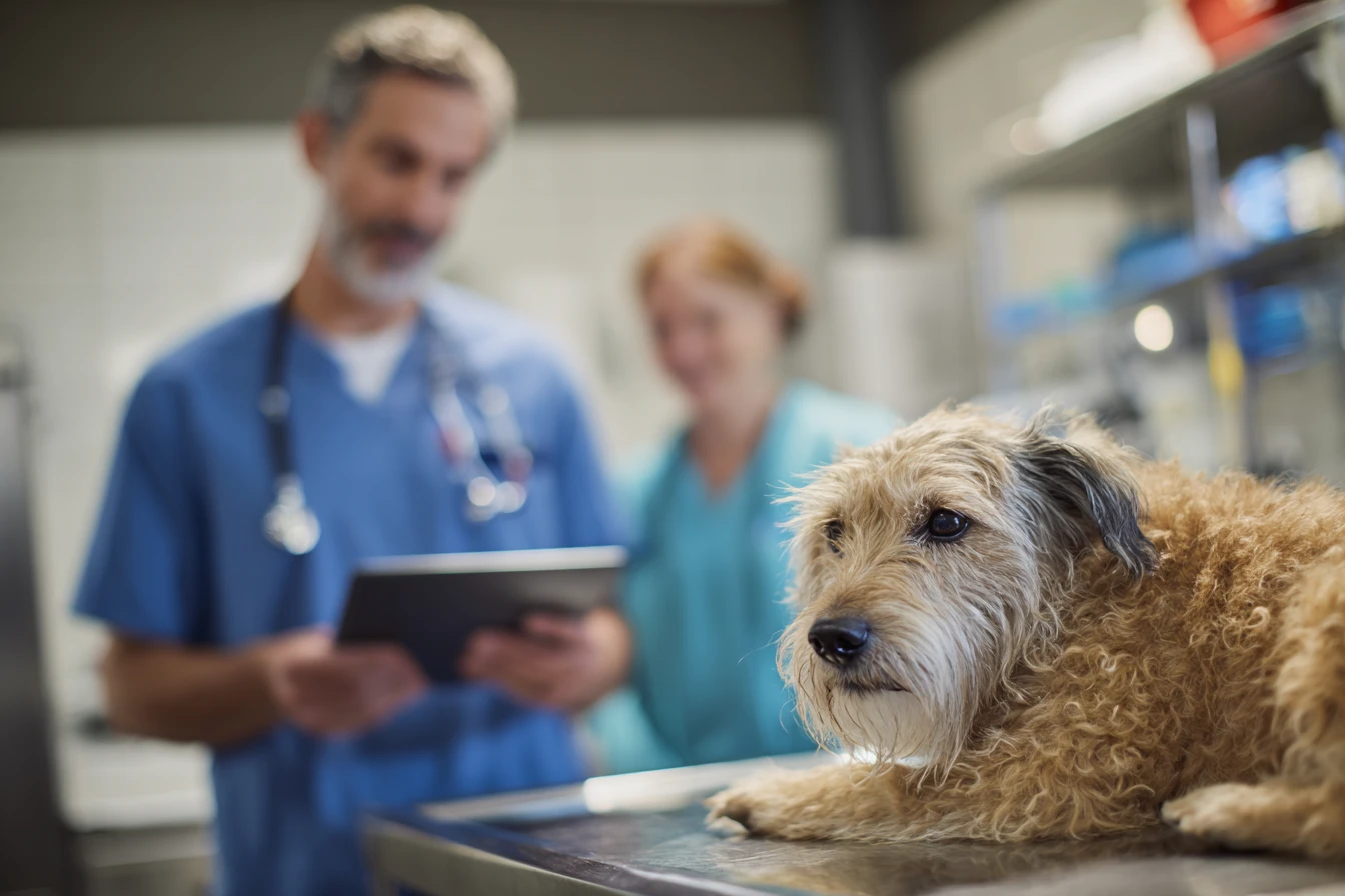 Veterinarian reviewing digital discharge instructions with pet owner after surgery using tablet communication platform