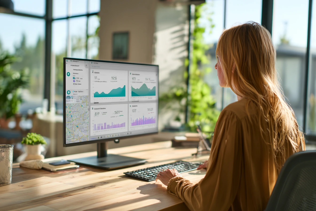 Veterinary practice owner reviewing multi-location client communication analytics and performance metrics across clinic group