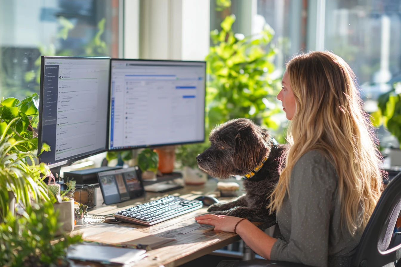 Veterinary office manager working with integrated PIMS and client communication software on dual monitor setup