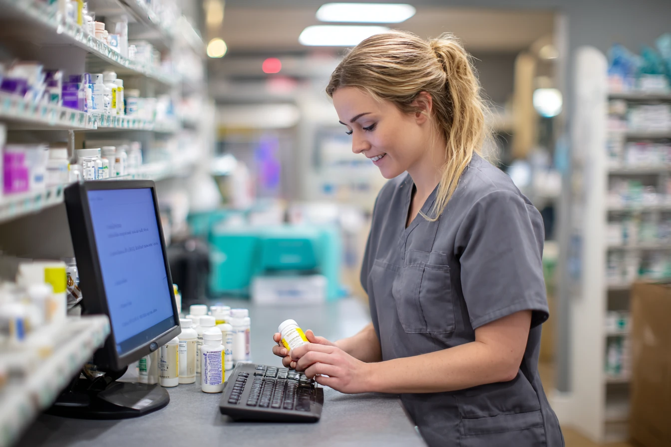 Veterinary pharmacy technician managing prescription refills using automated reminder system and client communication software