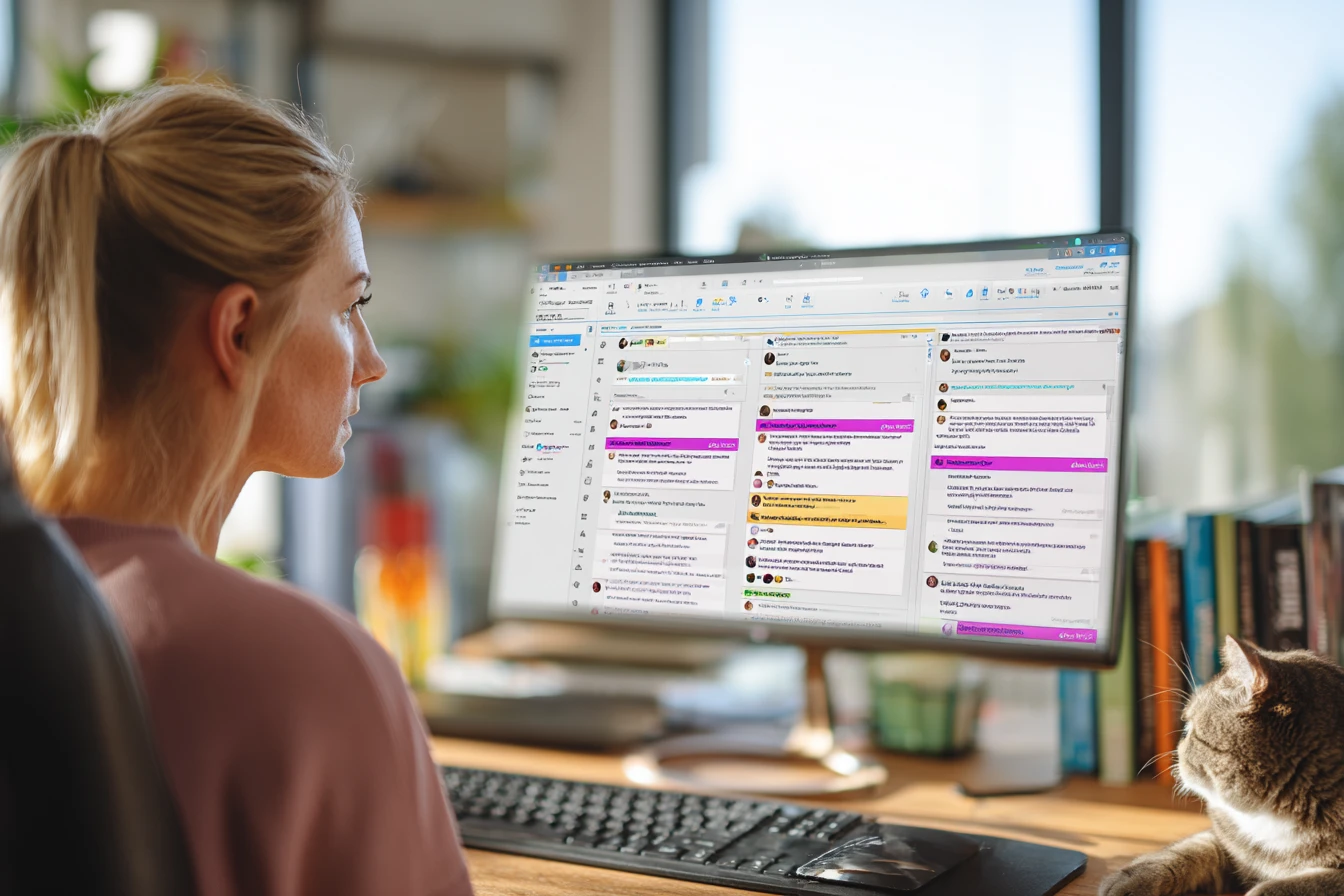 Veterinary practice manager reviewing shared inbox dashboard with tagged client messages and team assignments