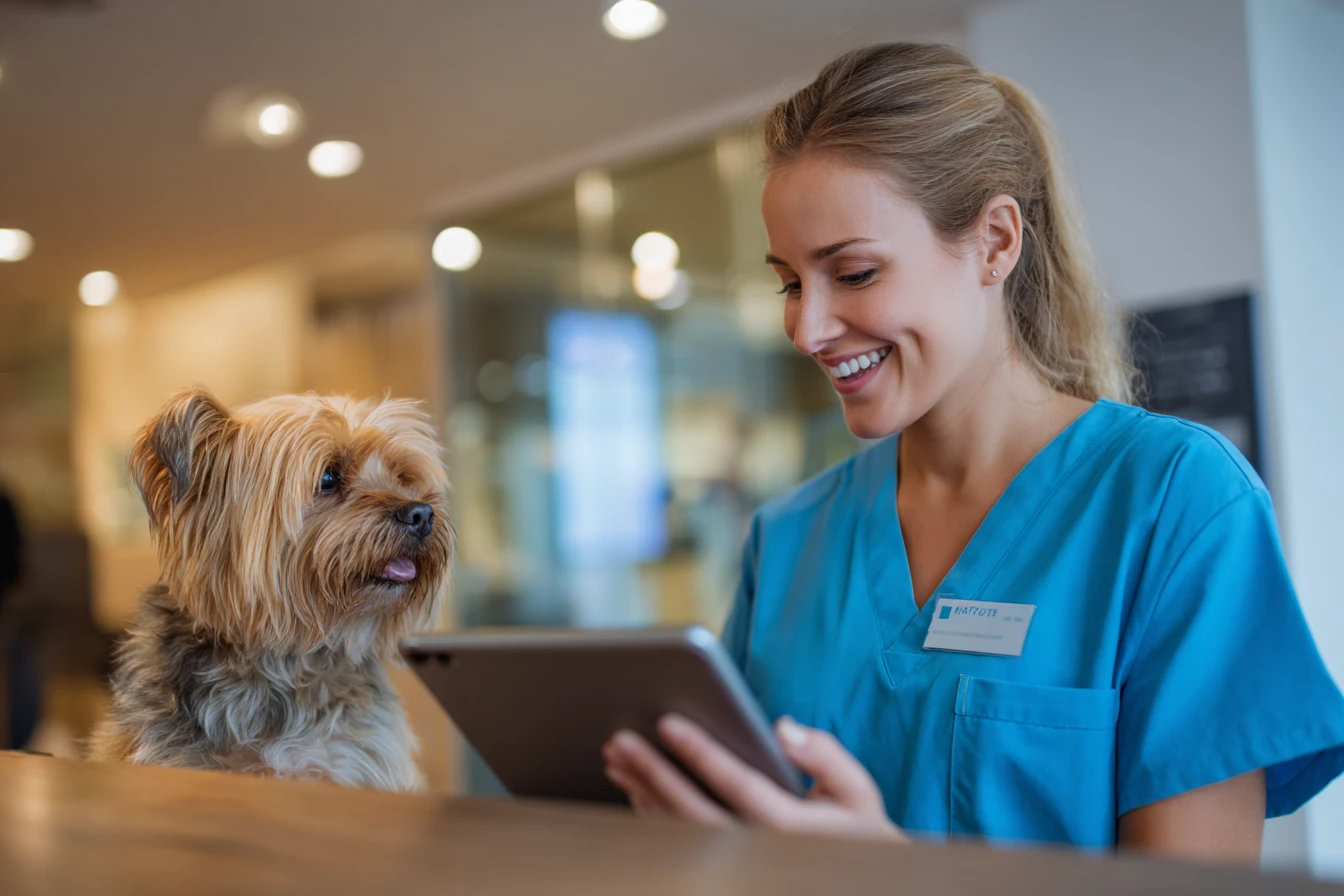 Veterinary staff collecting SMS consent from pet owner on digital form for TCPA-compliant client communication