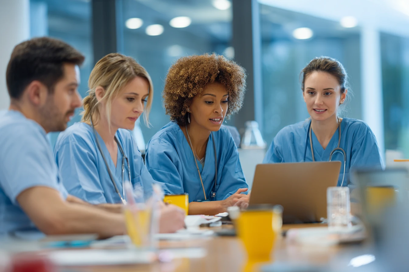 Veterinary practice manager training clinic staff on new client communication software during team implementation session