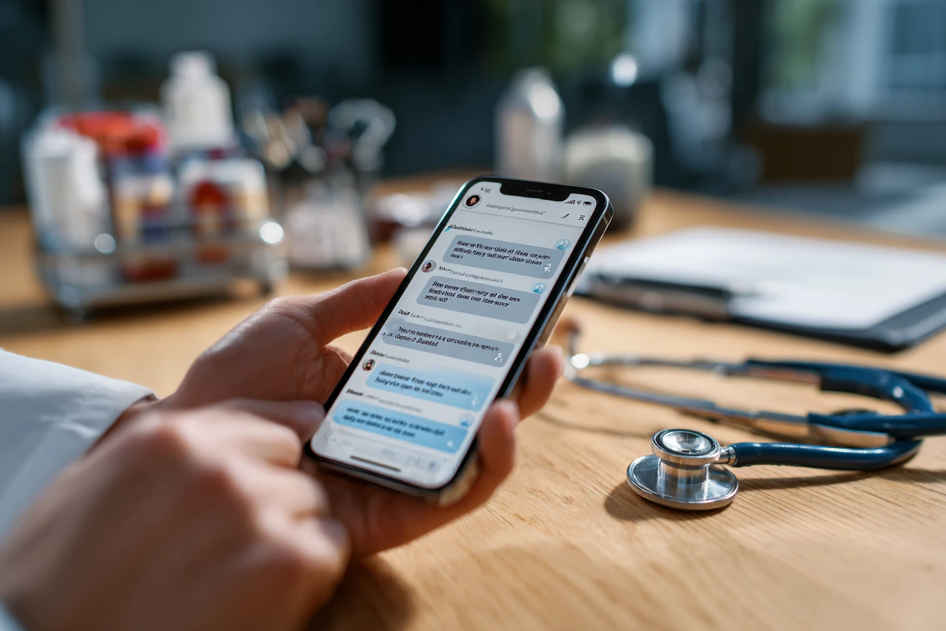 Veterinary technician using two-way SMS messaging to follow up with pet owner about post-surgery recovery with photo exchange