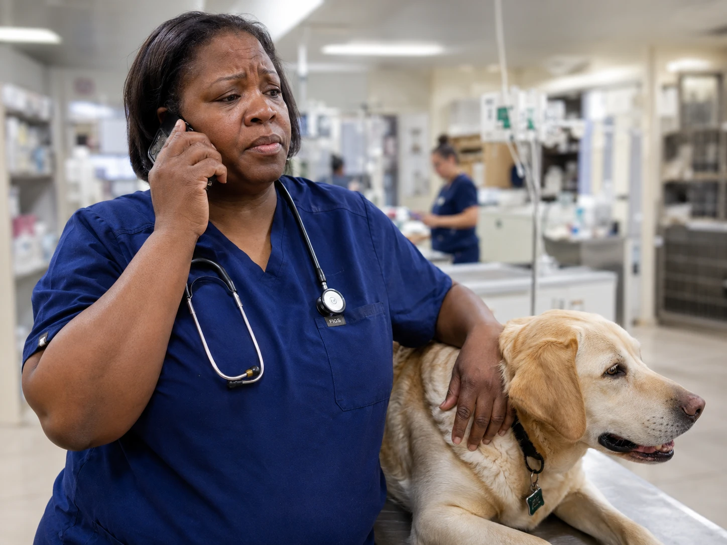 Veterinarian taking an urgent triage phone call in a veterinary clinic, illustrating emergency call routing