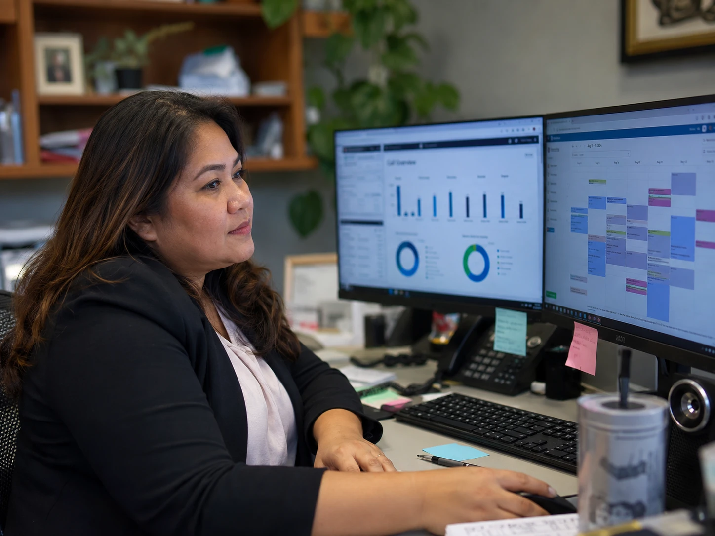 Practice manager reviewing call analytics and the appointment schedule on screen in a veterinary clinic