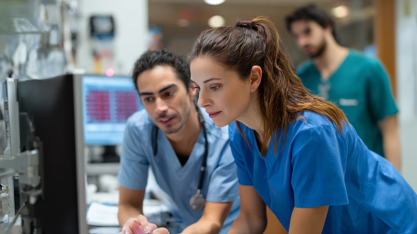 Vet and technician verifying medication name and dosing units while reviewing a veterinary AI scribe draft note for accuracy.