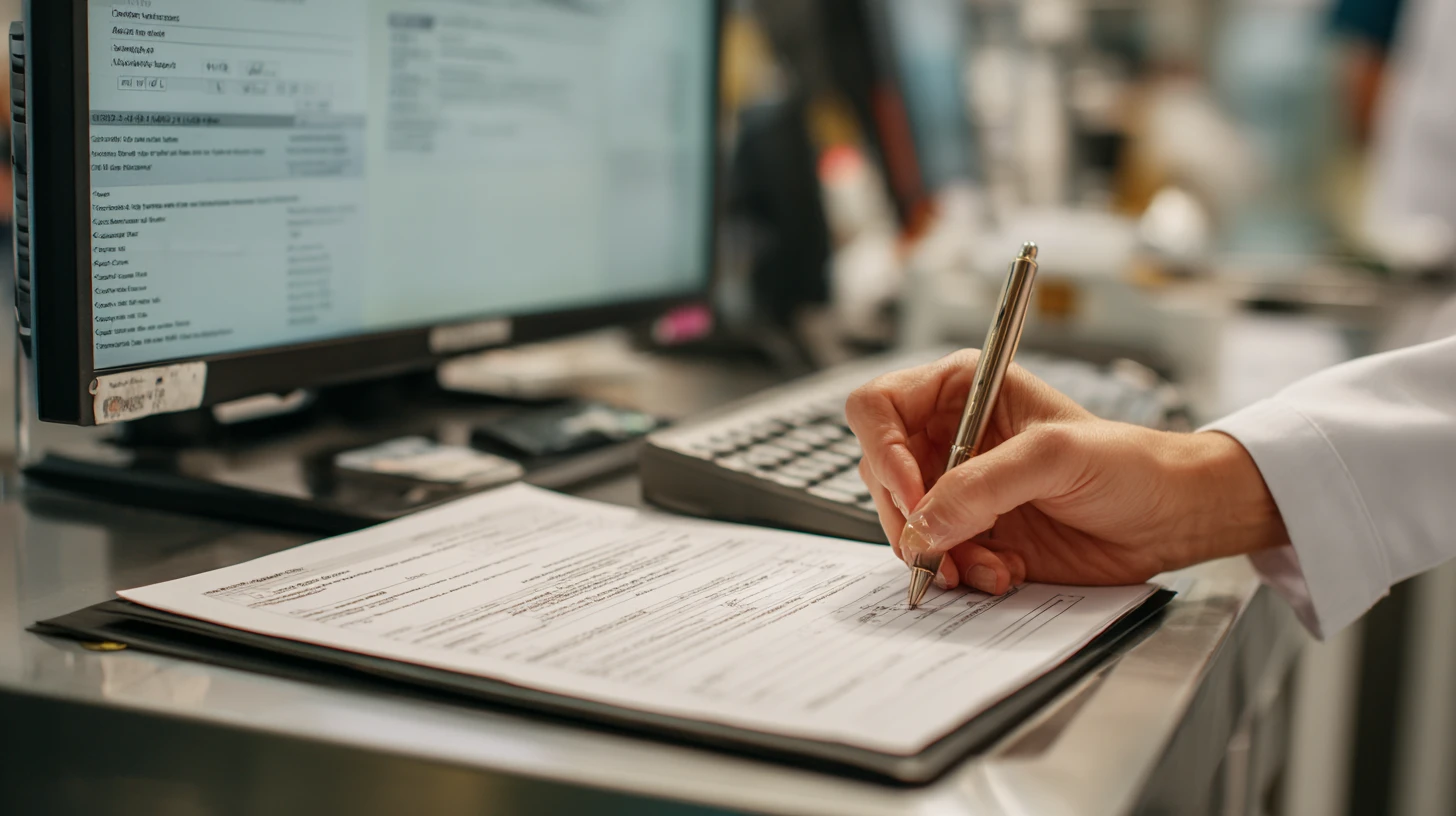 Medical director auditing a veterinary AI scribe note draft, highlighting omissions, attribution issues, and possible hallucinations on a review checklist.