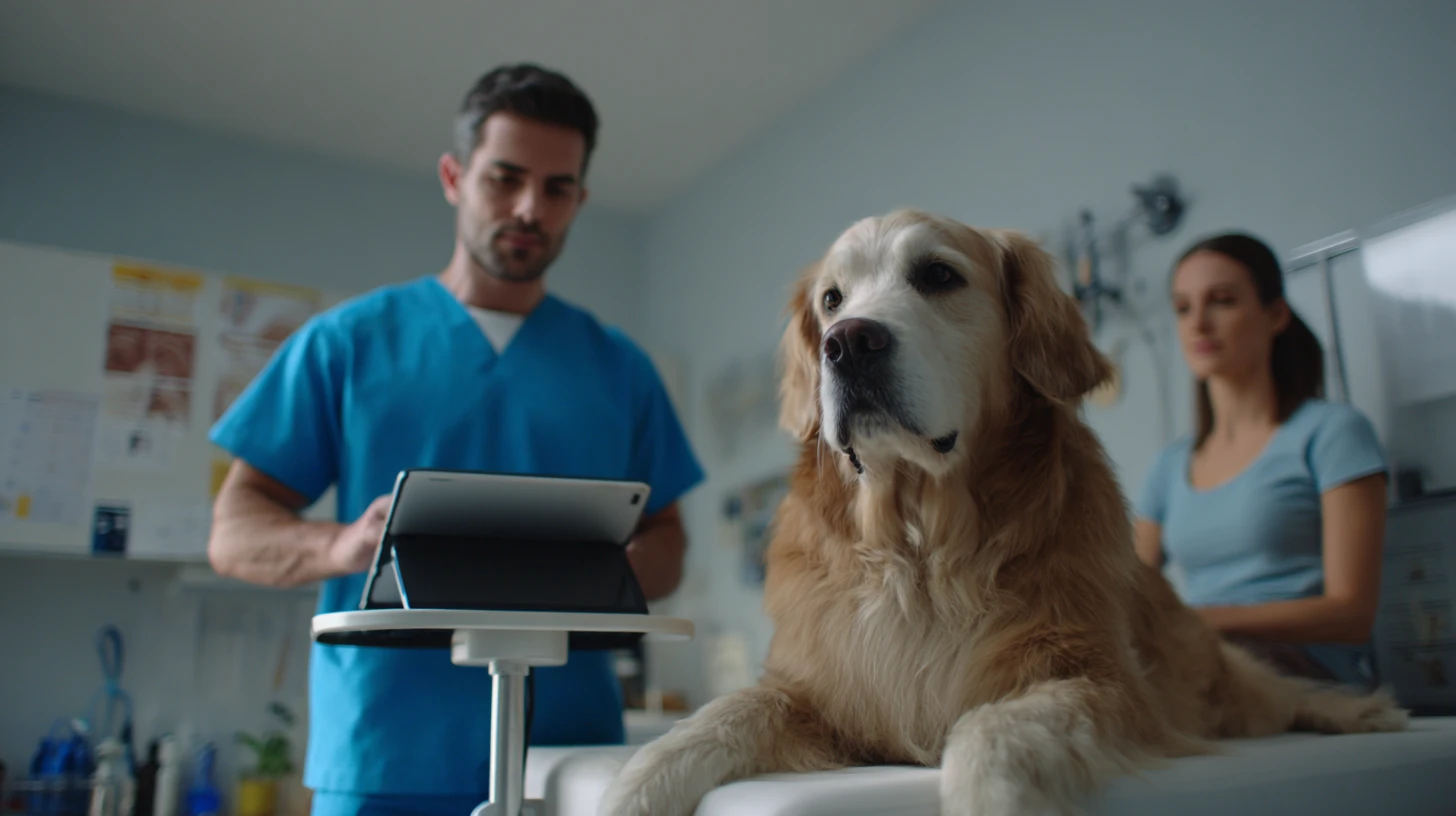 Veterinarian starting and stopping a veterinary AI scribe recording on a tablet during an exam, with the pet and client in frame.