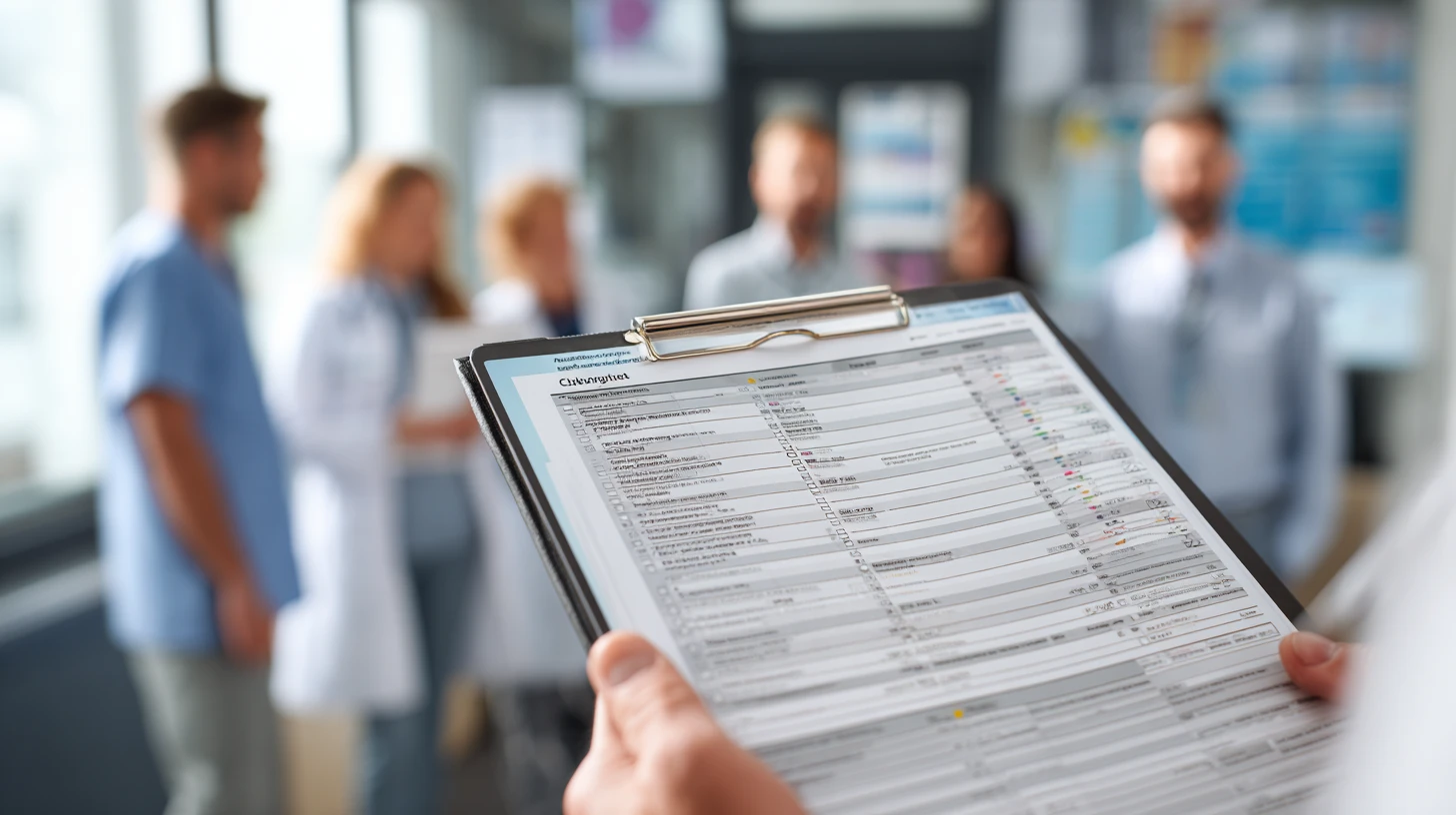 Veterinary practice manager filling out a veterinary software audit checklist while looking at a laptop with the team