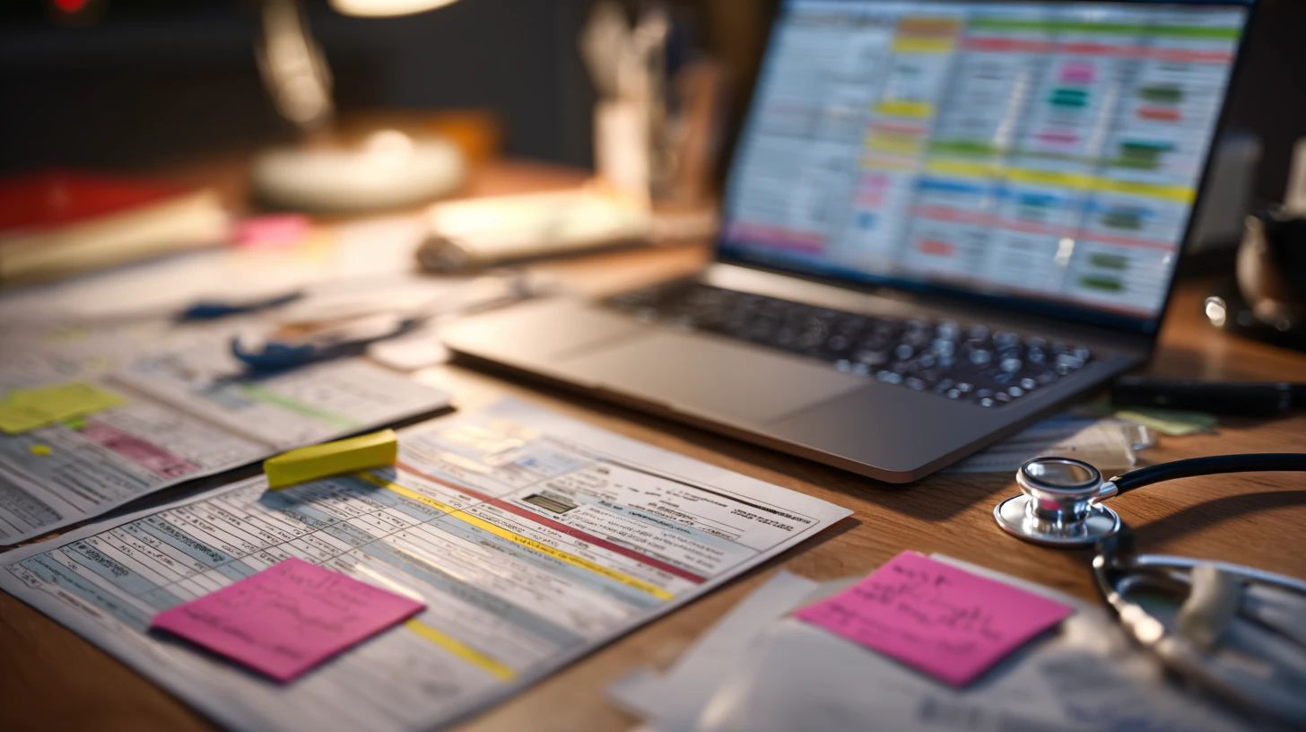 Close up of a veterinary practice manager’s desk with a laptop, printed software list, and highlighter used for a vet software inventory