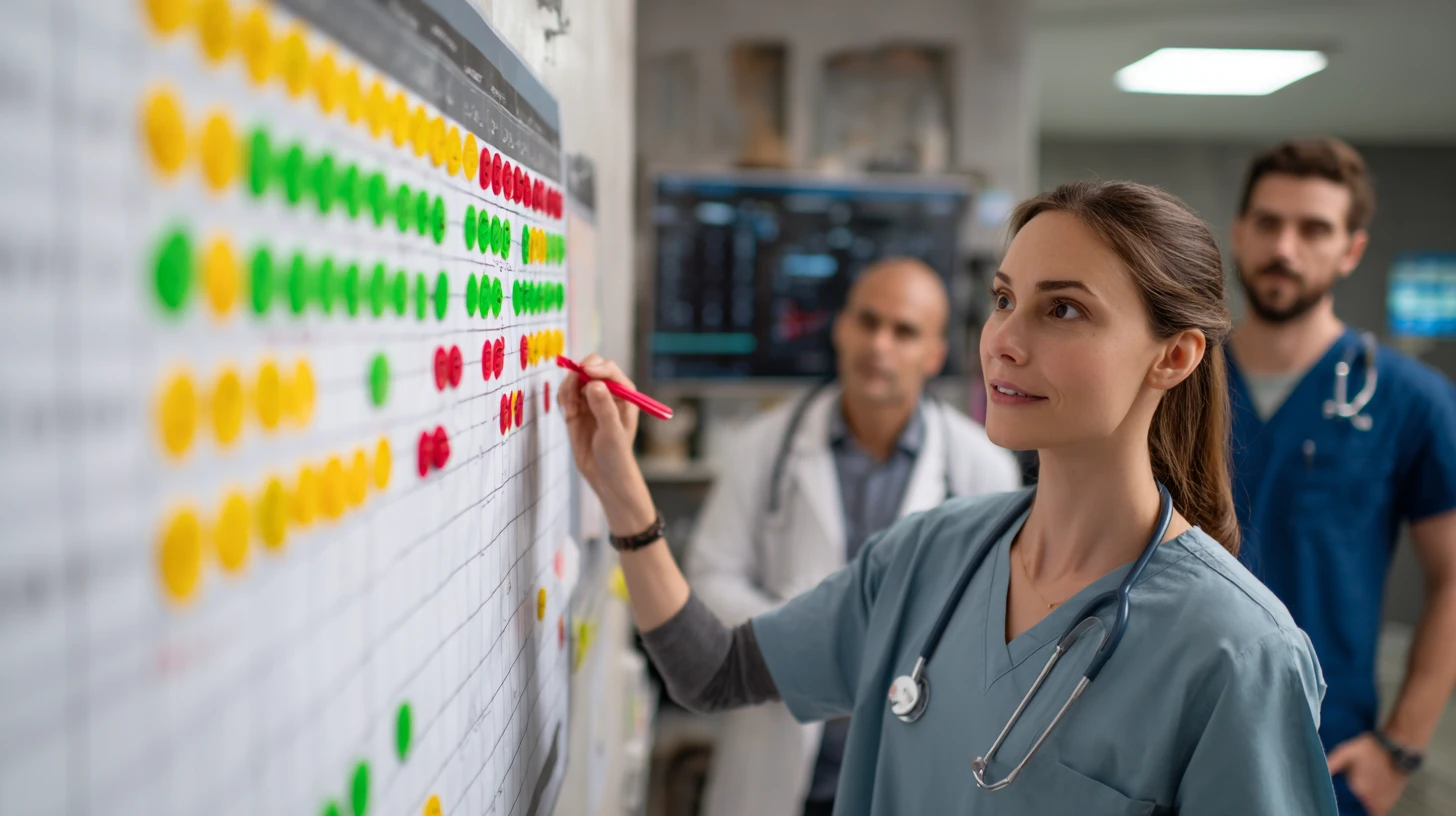Veterinary team using a whiteboard with green, yellow, and red dots to score their veterinary software tools