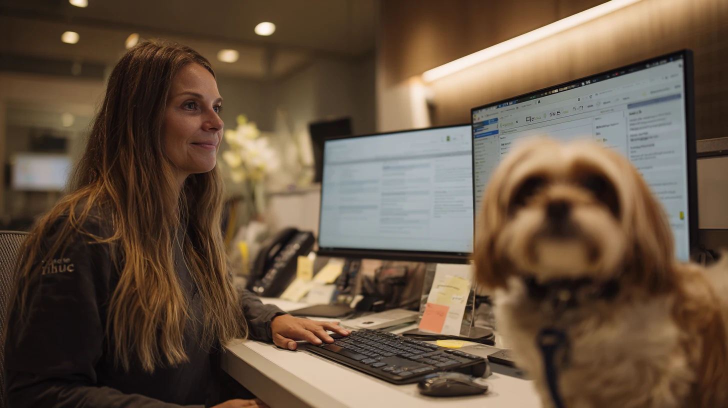 Veterinary receptionist at the front desk using multiple monitors to manage appointment scheduling and client communication software