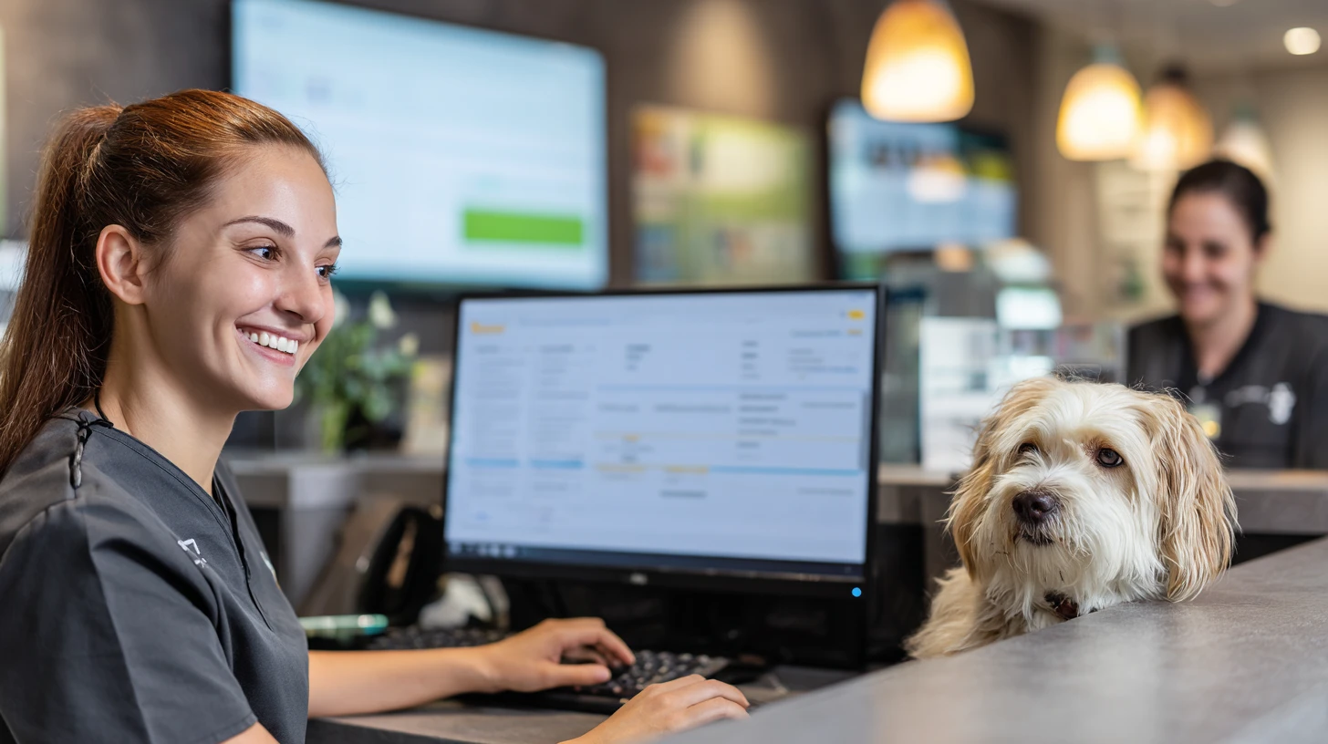 Happy veterinary team at the front desk working smoothly with their updated veterinary software stack