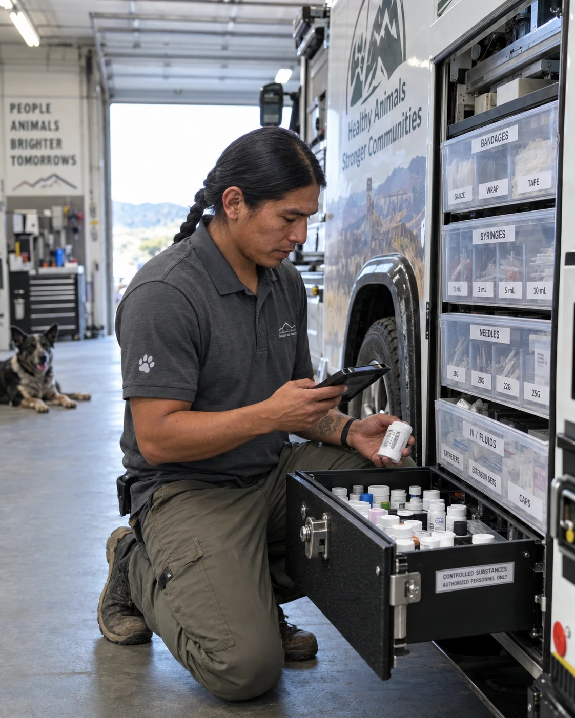 Veterinary technician counting truck inventory and updating the controlled drug log in ambulatory vet software