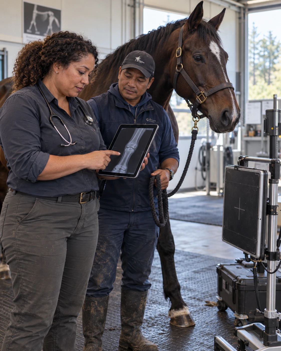 Equine veterinarian reviewing a digital radiograph on a tablet beside a horse in a veterinary hospital