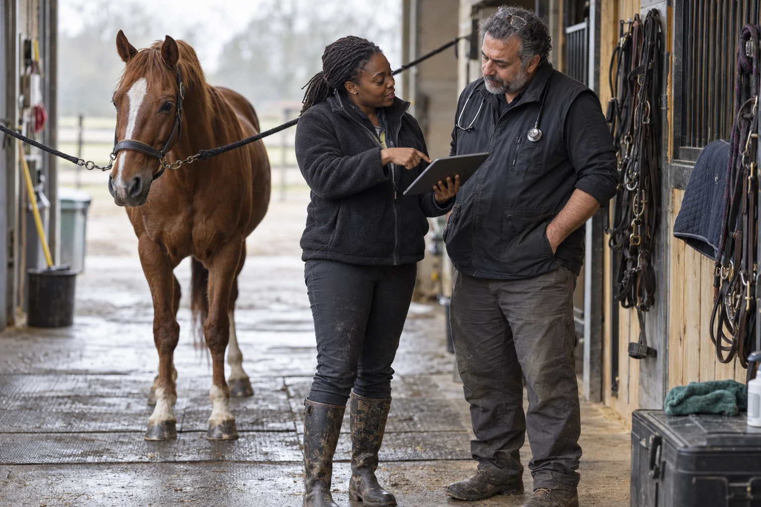 Barn manager and veterinarian reviewing a horse's billing record in equine PIMS on a tablet in a stable
