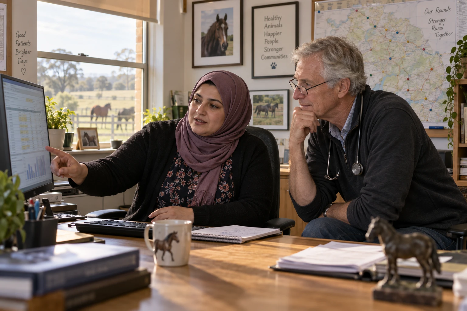 Practice manager and practice owner reviewing equine practice management software pricing on a monitor
