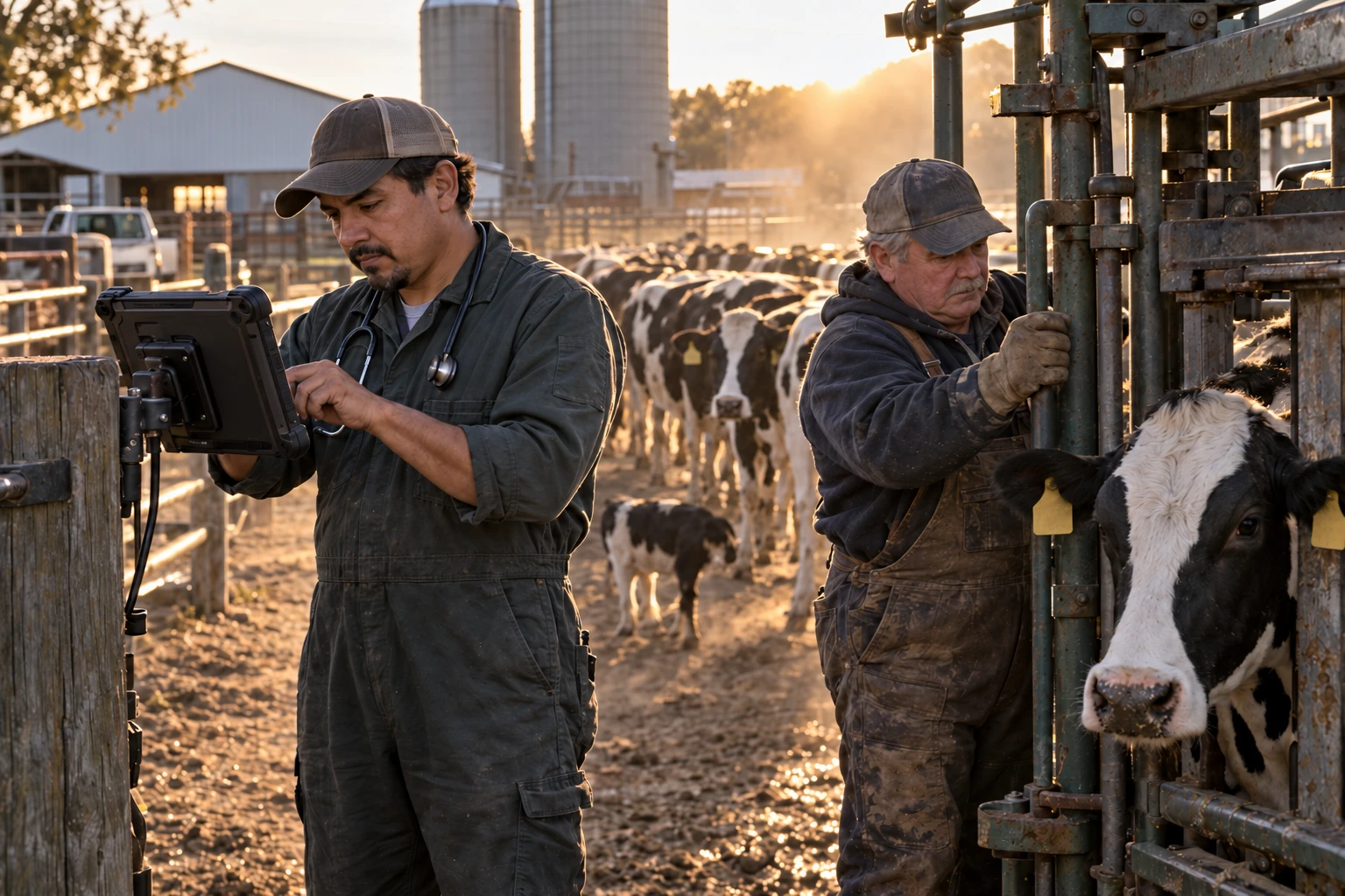 Large animal veterinarian recording herd treatments in vet software at a cattle chute with the farm owner