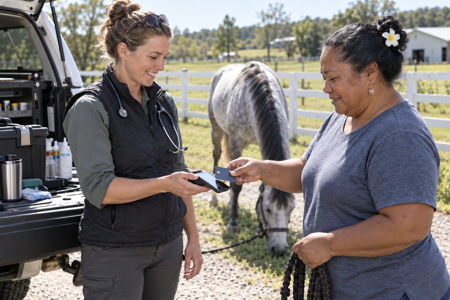 Mobile equine veterinarian taking a card payment at the truck tailgate after a farm call