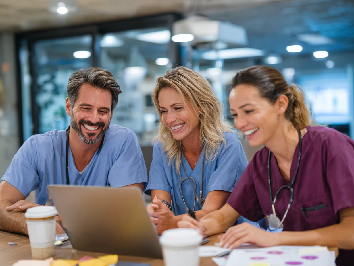 Three veterinary clinic staff members watching a software demo on a laptop during a team evaluation meeting