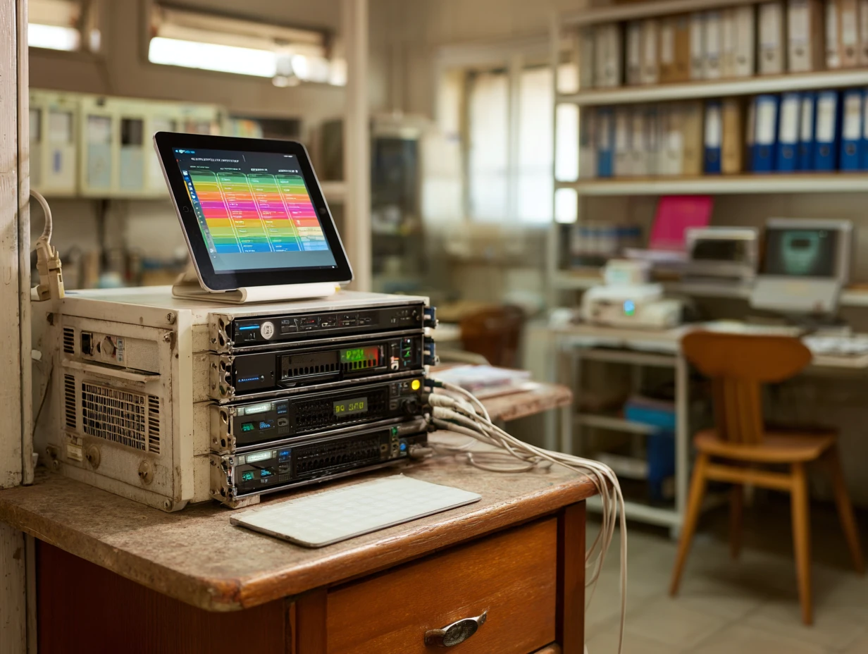 Outdated server hardware in a veterinary clinic back office next to a modern tablet showing cloud-based software
