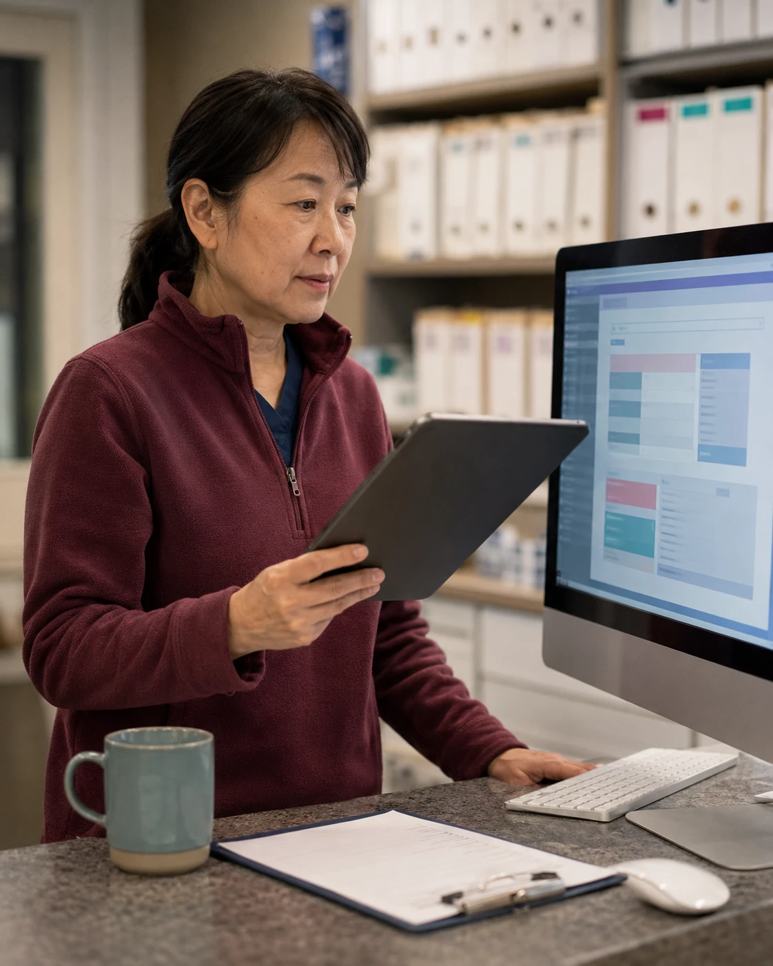 Practice manager comparing browser-based veterinary software on a tablet and a desktop workstation