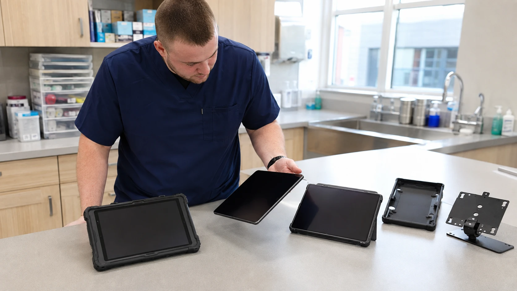 Veterinary assistant comparing an iPad, Android tablet, and Windows convertible for clinic use