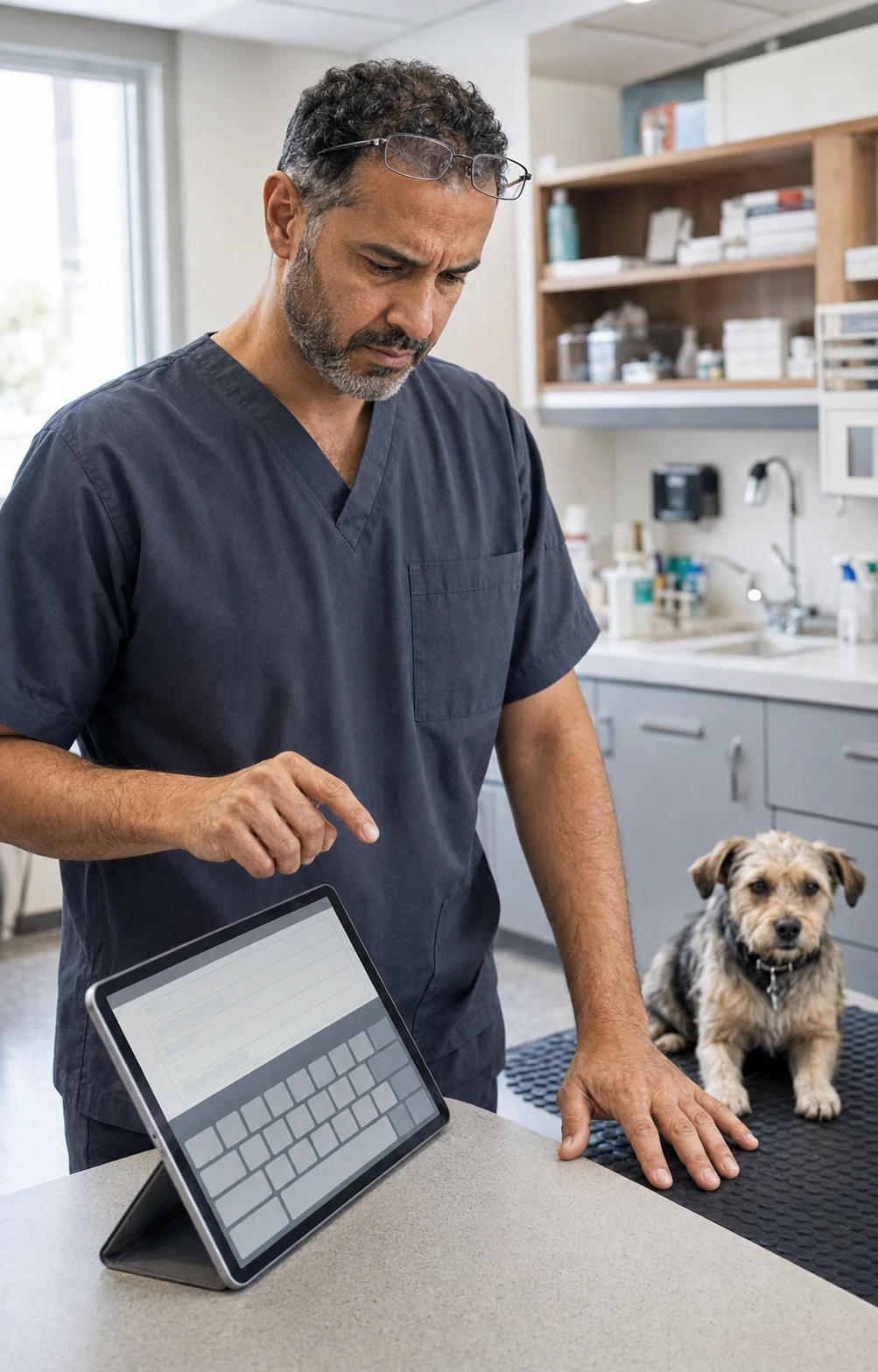 Veterinarian struggling with tablet vet software as the on-screen keyboard covers the form field