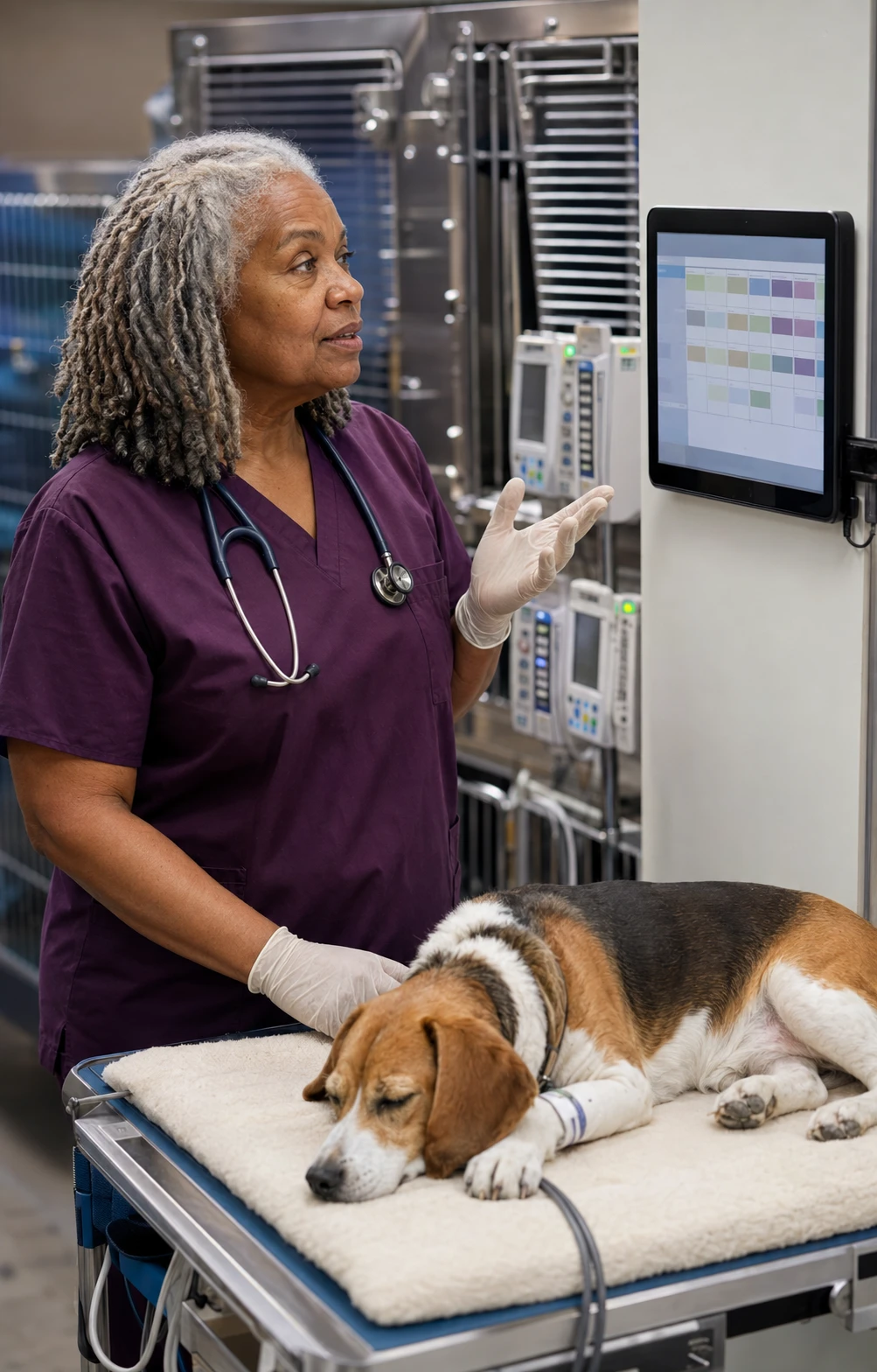 Veterinarian dictating a note into a wall-mounted tablet at a veterinary treatment station