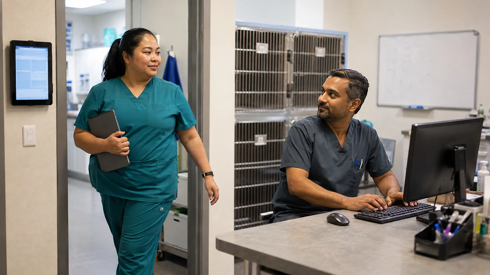 Veterinary technician leaving a wall-mounted tablet to finish a task at a desktop workstation