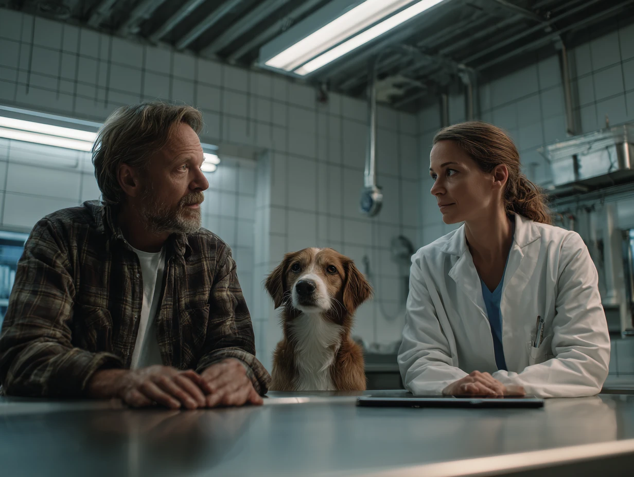 Veterinarian having a compassionate conversation with a concerned pet owner in an exam room about treatment options and payment plans