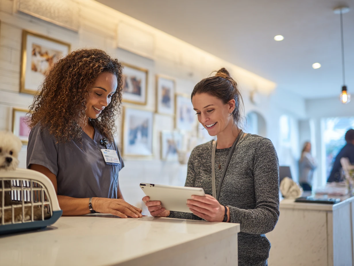 Pet owner completing a financing application on a tablet at a veterinary clinic front desk while a receptionist assists