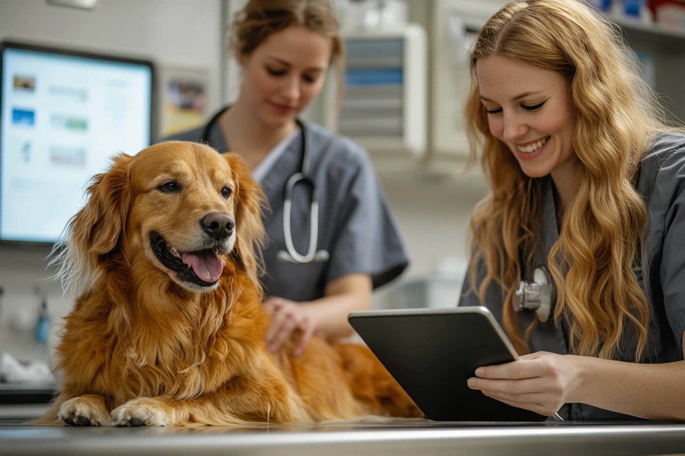 AI scribe integration with cloud-based vet software running on a tablet during a companion animal exam.