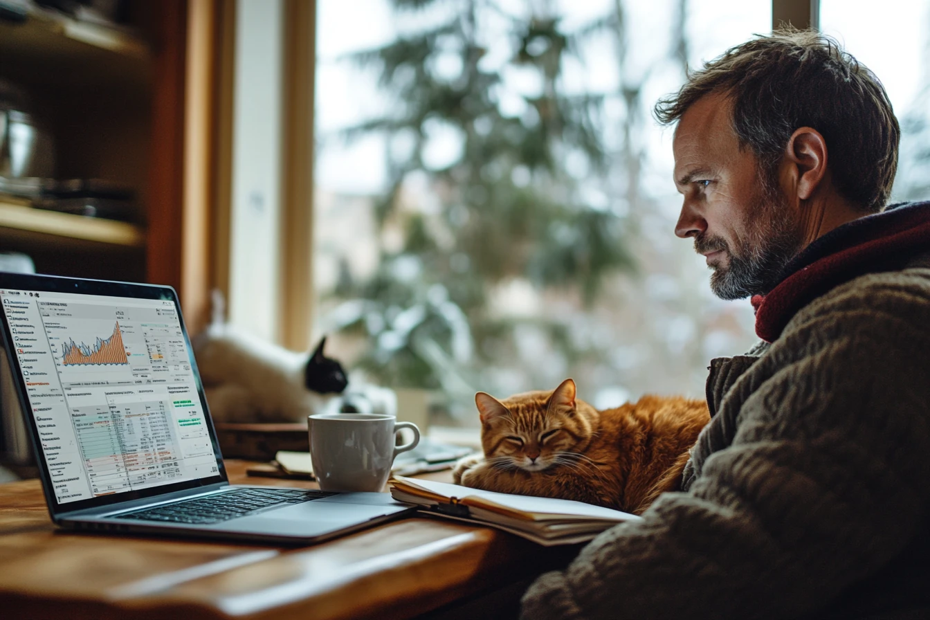 Multi-location veterinary practice owner reviewing consolidated reports across hospitals using cloud veterinary software from a home office.