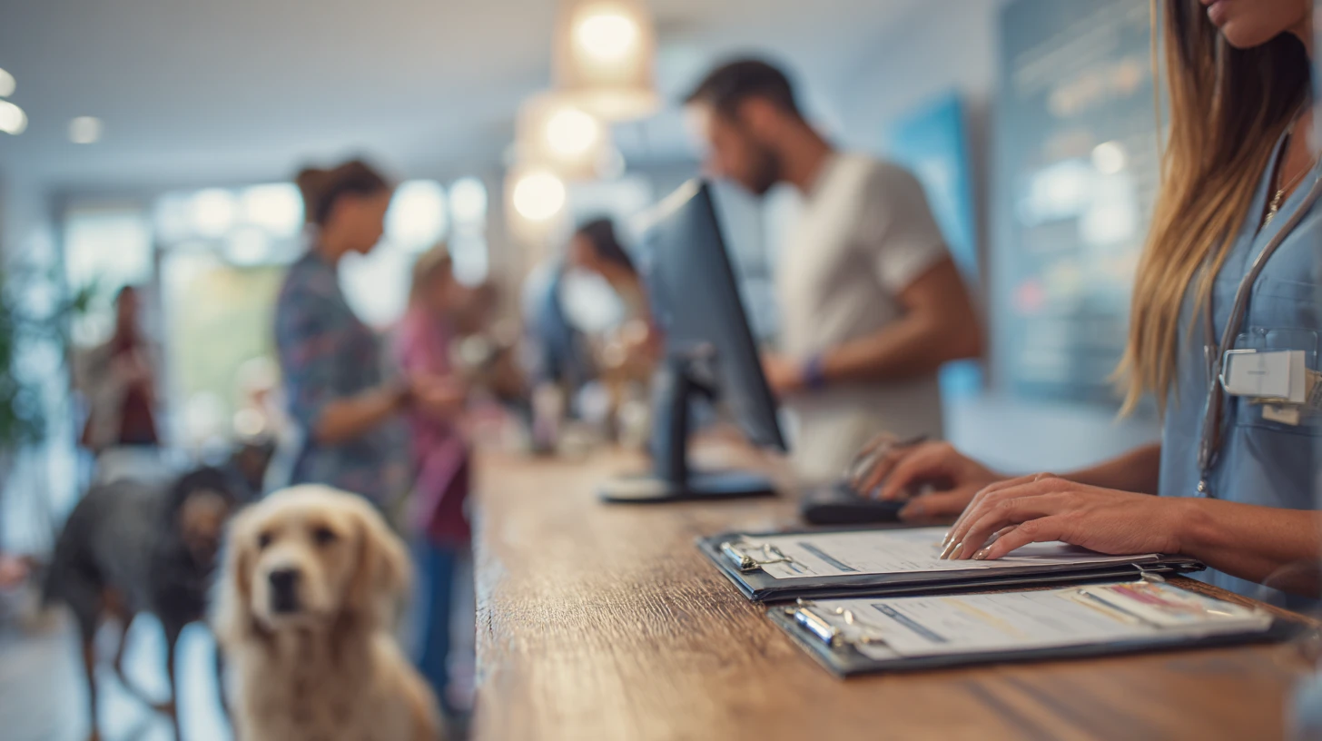 Veterinary front desk staff using practice management software during busy check-in at a veterinary hospital.