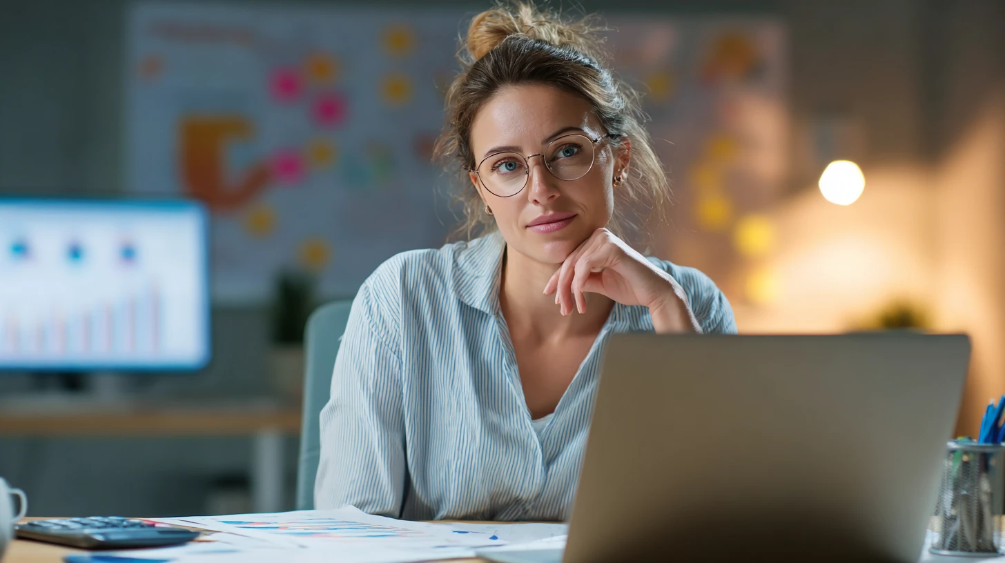 Practice owner reviewing practice management software reports and KPIs in a veterinary hospital office.