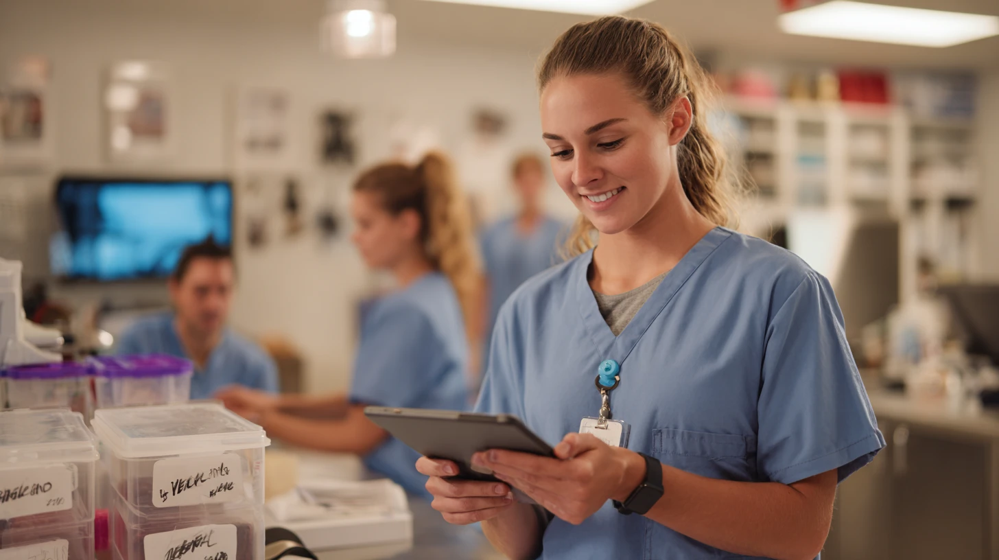 Veterinary team using integrated practice management software and client communication tools during patient workflow.