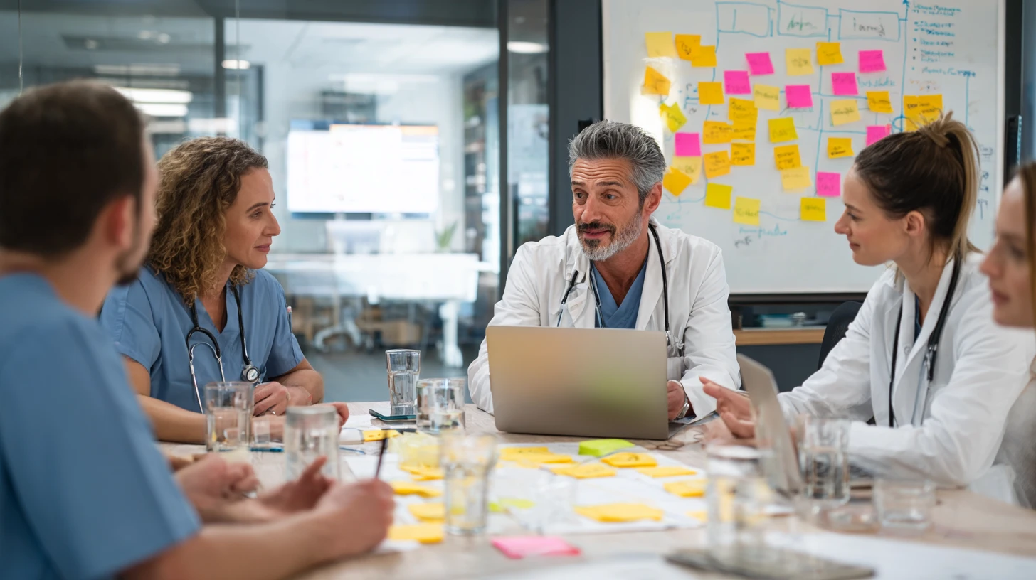 Veterinary team gathered around a table documenting current hospital workflows before selecting new software