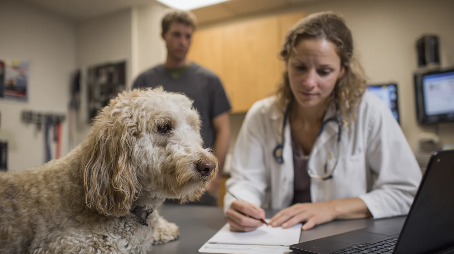 Veterinarian and technician documenting patient information in an exam room while discussing workflow inefficiencies