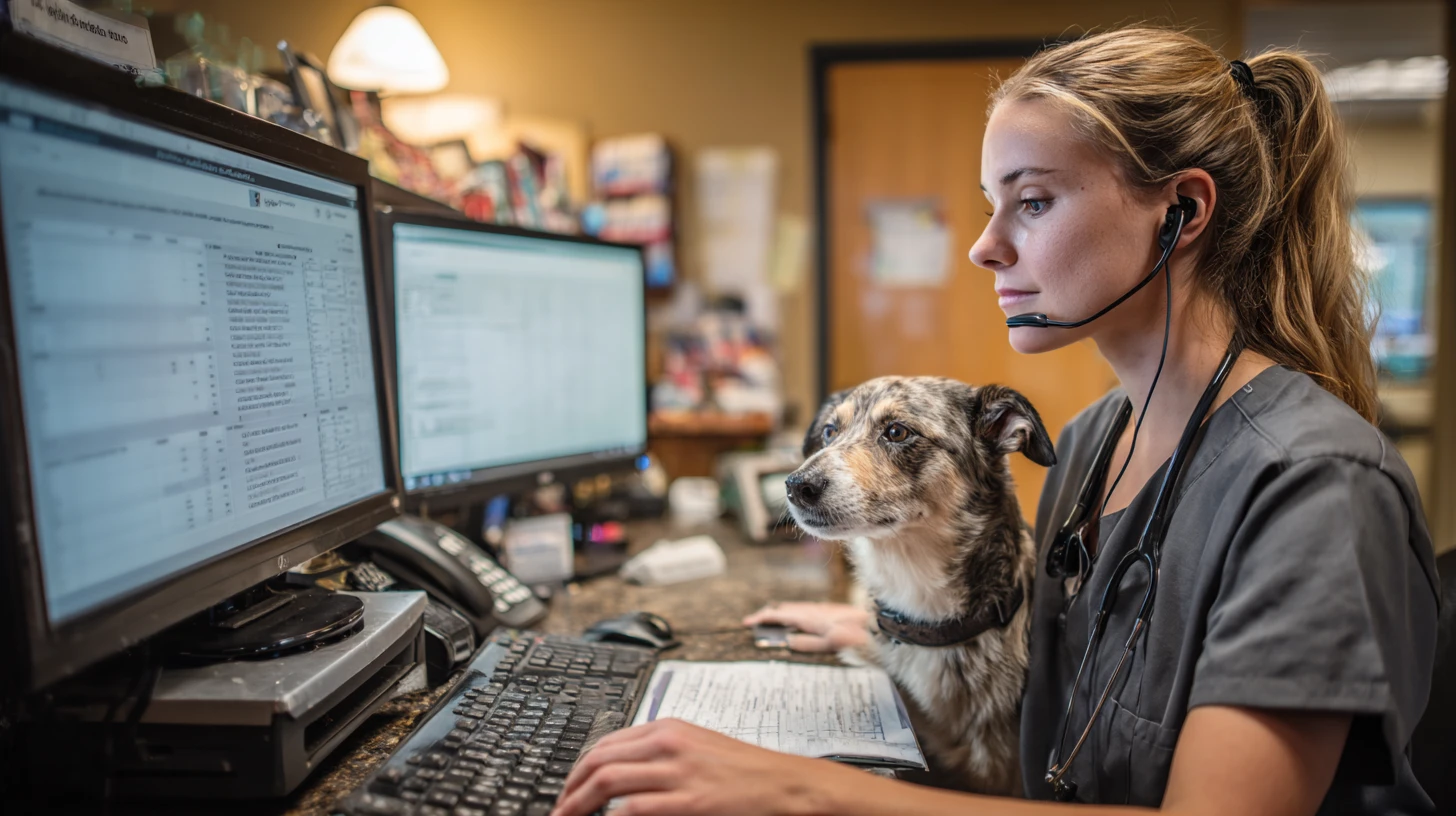 Veterinary receptionist checking in a client while managing scheduling and patient information in practice management software
