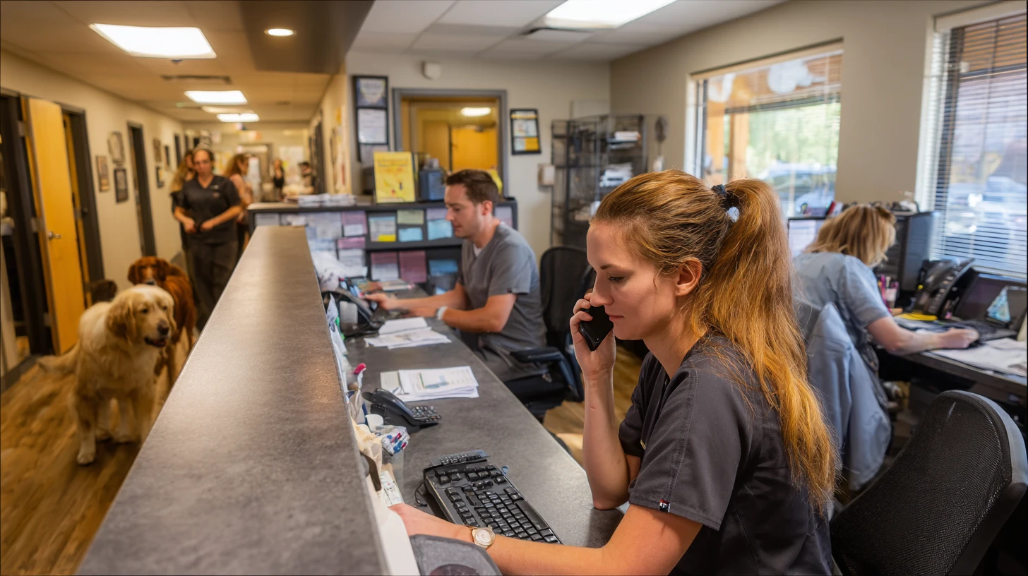Veterinary hospital team handling a busy moment with multiple patients, phone calls, and urgent workflow interruptions