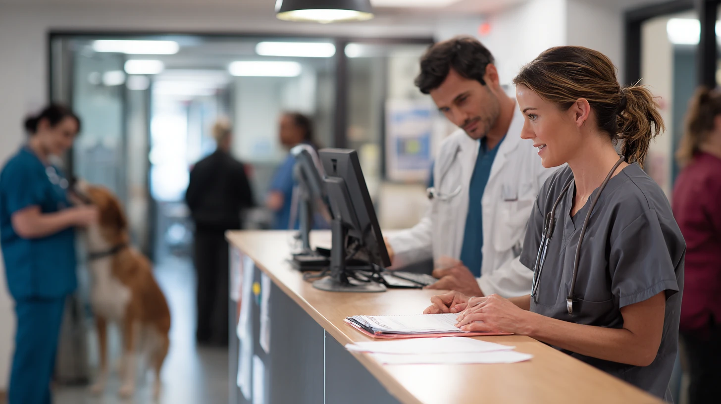Veterinary CSR, technician, and doctor coordinating a patient workflow handoff inside a veterinary hospital
